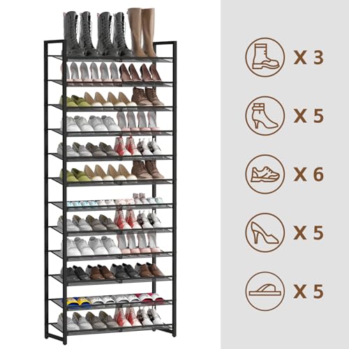 Shoe Rack, 12-Tier Metal Shoe Organizer, Tall Shoe Rack for Closet,entryway,Garage, with Adjustable Flat or Angled Shelves, 52-60 Pairs,Shoes that can accommodate The Whole Family. (12 Count)