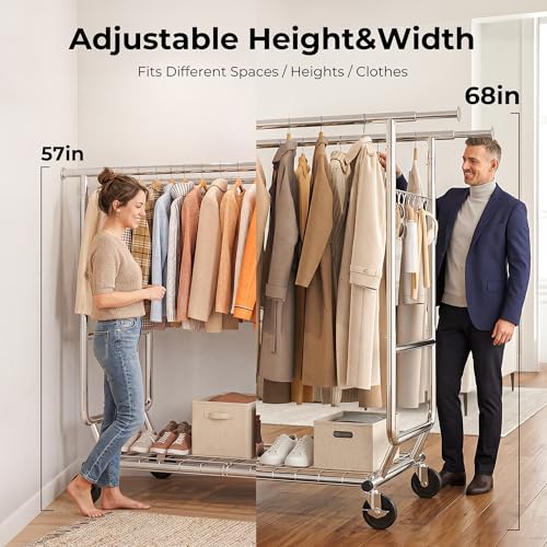 Clothes Rack Heavy Duty Clothing Rack Load 650 LBS Collapsible Garment Rack with Wheels Double Rod Clothes Rack for Hanging Clothes Commercial Portable Closet Rack with Shelves 22"D*75"W*68"H