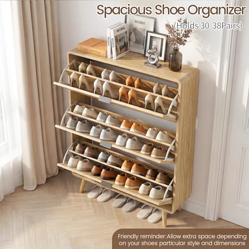 Fluted Shoe Storage Cabinet with 3 Flip Drawers