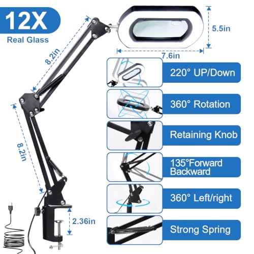 12X Magnifying Glass with Light and Stand
