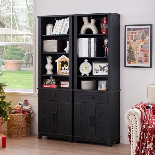 72in Tall Bookshelf 7 Tier Bookcase with Drawer and Barn Doors and Adjustable Shelves (3 Count)