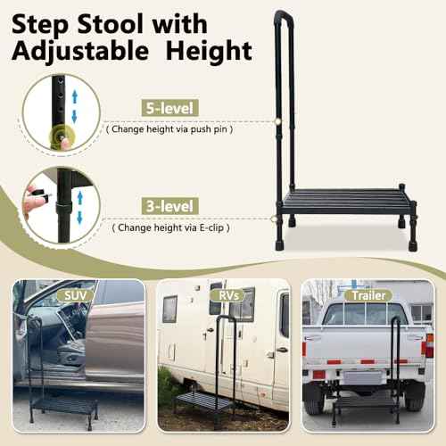 Medical Step Stool with Handle SUV Car Elderly Handicap Steps for RV Mobile Home with Handrail for Adults Seniors Bariatric Metal Stepping Stool Safety Step Assist Adjustable 300lb Foot Stool
