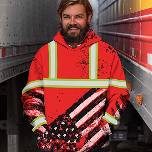 Safety Hoodie Red US Flag Customize Name High Visibility Hoodie for Men Reflective Hoodie Hi Vis Construction Workwear for Runners