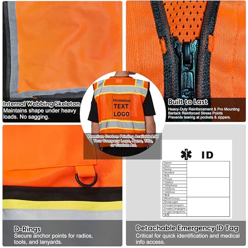 Personalized Orange Black Event Staff Vest Zipper ANSI 107 3XL
