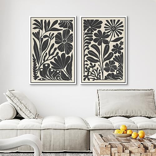 Framed Canvas Wall Art Abstract Floral Botanical Prints Minimalist Modern Art Boho Wall Decor for Bedroom (2 Count)