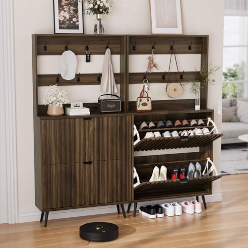 Shoe Cabinet with 2 Flip Drawers & Coat Rack Hooks