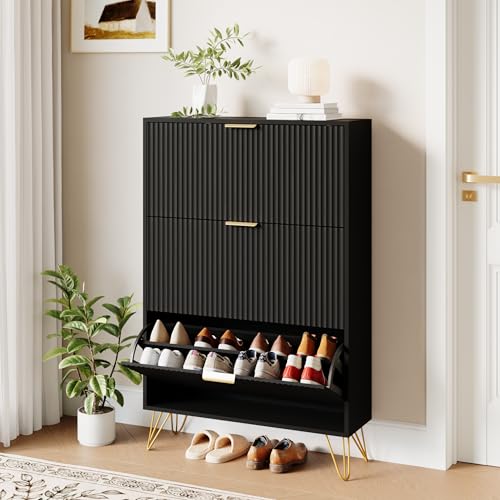 48" H Fluted Shoe Storage Cabinet with 3 Flip Drawers for Entryway