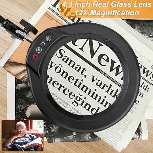 12X Large Magnifying Glass with Light and Clamp