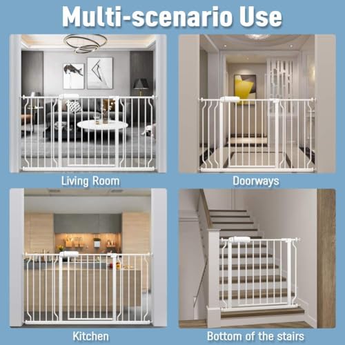 Extra Wide Pressure Mounted Baby Gate Walk Through Child Kids Safety Toddler Tension White Long Large Pet Dog Gates with Extension for doorways Kitchen
