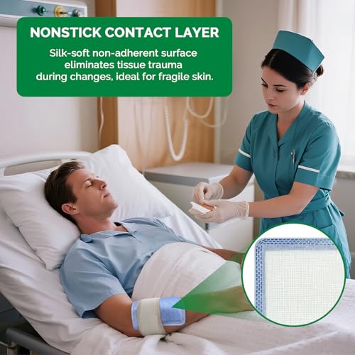 Super Absorbent Wound Dressing Pads Size 6"x 6" 10 Individual Pack Soft Highly Absorbent Dressing Non Stick Gauze Pads for Heavily Exuding Wound Care Reduce Leakage and Skin Maceration (10 Count)