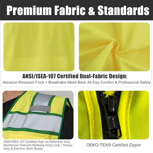 Yellow Green Reflective Vest 9 Pockets Mesh Back ID Pocket XL
