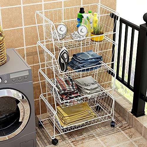 4 Tier Large Stackable Wire Storage Baskets with Wheels