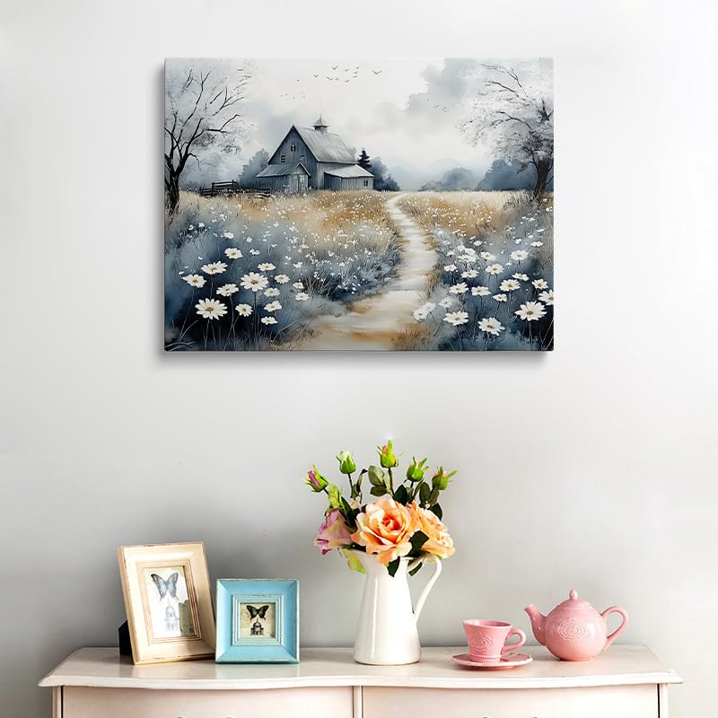 Framed Vintage Print French Country Farmhouse Floral Nature Picture Wall Decor Gift Retro Poster Rustic Painting Bird and Tree Flower Canvas Wall Art Painting for Living Room Bathroom