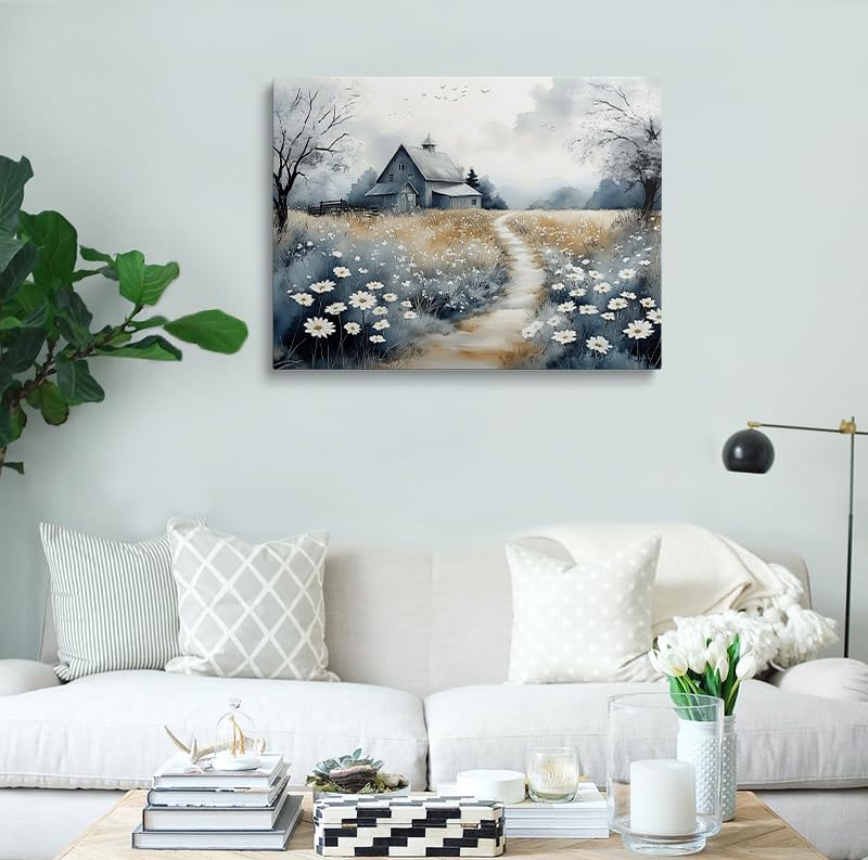 Framed Vintage Print French Country Farmhouse Floral Nature Picture Wall Decor Gift Retro Poster Rustic Painting Bird and Tree Flower Canvas Wall Art Painting for Living Room Bathroom