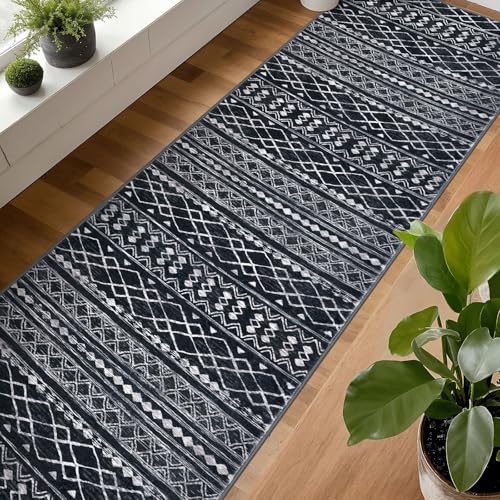 Long Hallway Runner Rug 2.6x16 Washable Moroccan Vintage Black Boho