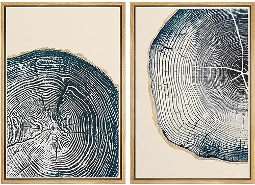 Framed Canvas Print Wall Art Navy Blue Wood Tree Ring Nature Illustration Modern Art Decorative Multicolor Geometric Minimal for Bedroom