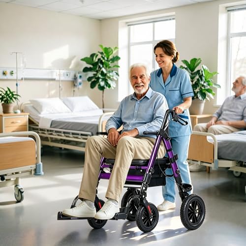 2-in-1 Rollator Transport Wheelchair Combo for Seniors with seat (Purple)