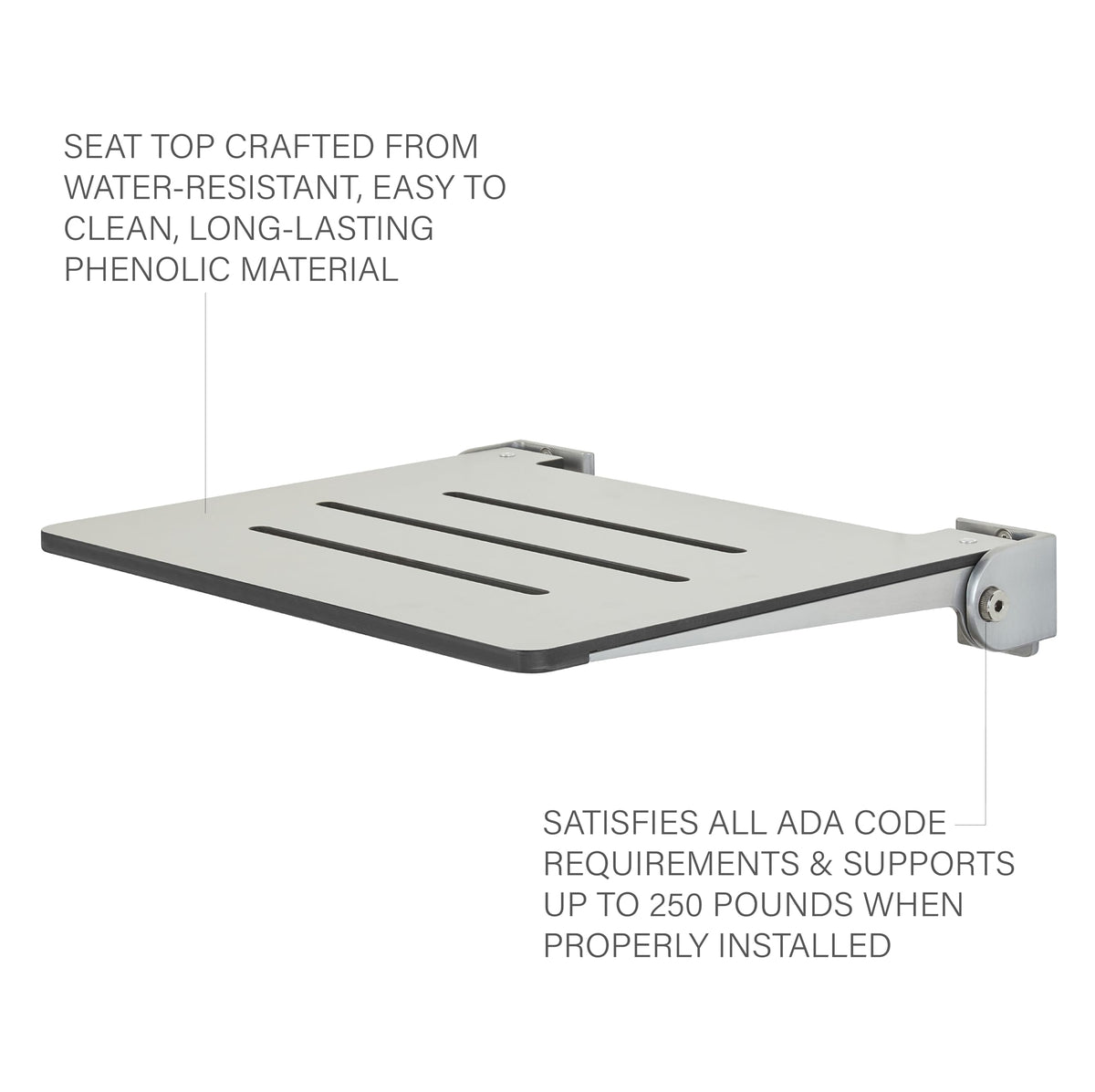 18 inch Silhouette Slimline Folding Wall Mount Shower Bench Seat (Light Gray With Silver Frame)