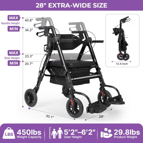 Heavy Duty Rollator Walkers for Seniors with Seat (Black)