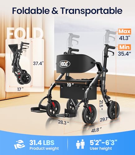 Z59 Heavy Duty 2 in 1 Walker Wheelchair Combo (Starry Black / 400 Pound)