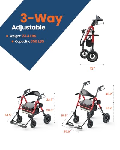 Folding 3 in 1 Rollator & Transport Wheelchair (Red)