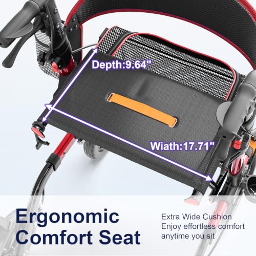 Rollator Walkers for Seniors with Seat (Bright Red / 350 Pound)