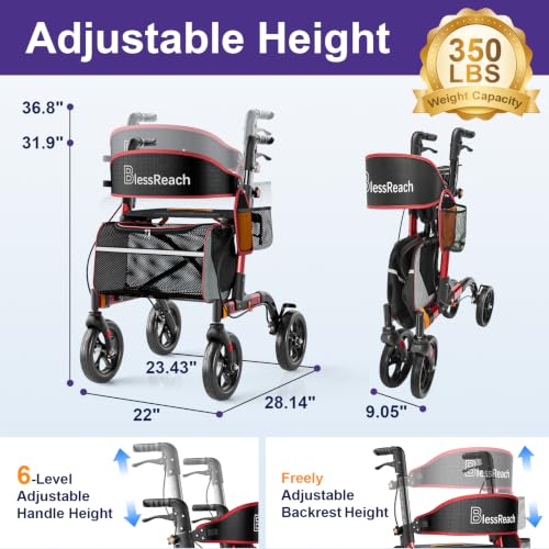 Rollator Walkers for Seniors with Seat (Bright Red / 350 Pound)