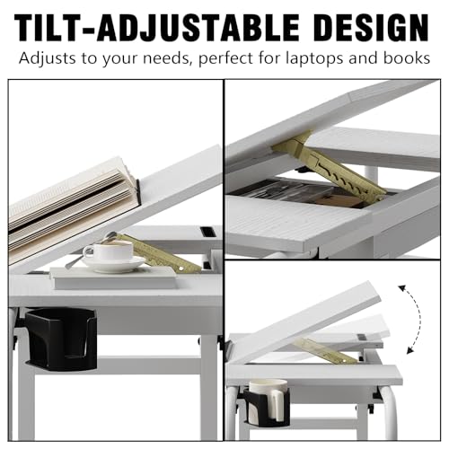 Overbed Table with Wheels Rolling Laptop Desk Cart Table Height and Length Adjustable for Hospital and Home Use Over The Bed Table with Storage Drawer and Cup Holder (White / 31.5 to 47)