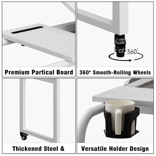 Overbed Table with Wheels Rolling Laptop Desk Cart Table Height and Length Adjustable for Hospital and Home Use Over The Bed Table with Storage Drawer and Cup Holder (White / 31.5 to 47)