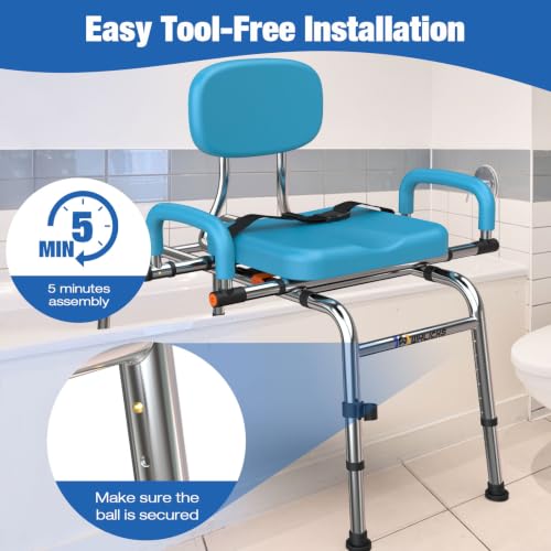 450lbs Sliding Shower Chair Tub Transfer Bench with Swivel Seat (Light Blue)