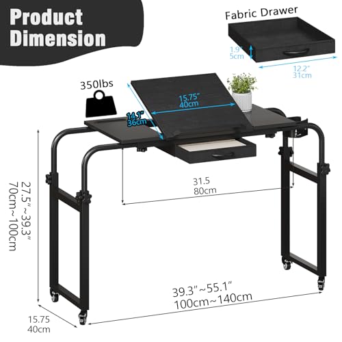 Overbed Table with Wheels Rolling Laptop Desk Cart Over Recliner Wheelchair Table Adjustable for Hospital and Home Use Over The Bed Table with Storage Drawer and Cup Holder (Black / 31.5 to 47)