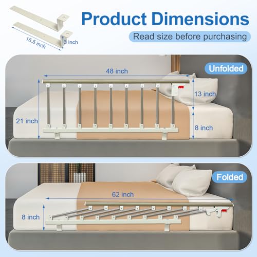 Bed Side Rails Guard for Elderly Adults Seniors Assist Rail Safety Bed Cane Railings Fold Down Handle Handicap Medical Support Assistance Devices Half Grab Bar (48 inches W x 21 inches H)