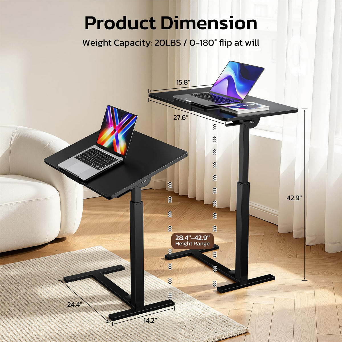 Mobile Standing Desk Adjustable Overbed Table (Black / Fully Tiltable)