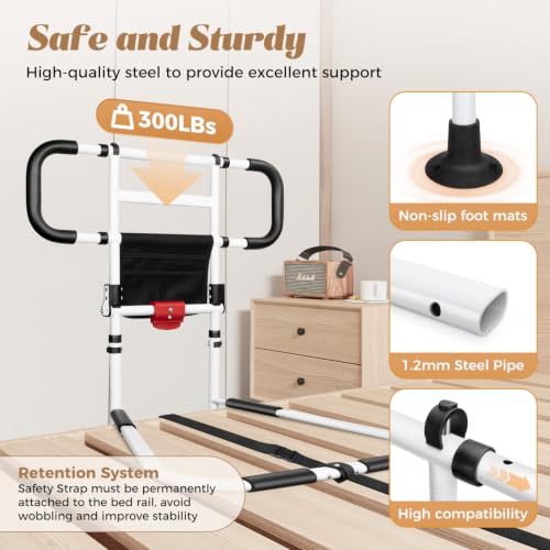Bed Rails for Elderly Adults Foldable Safety Rail with Light 400LBS (Black White)