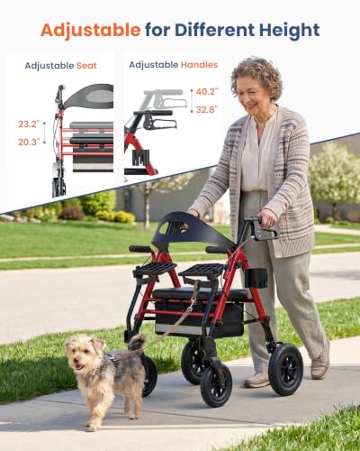 Folding 3 in 1 Rollator & Transport Wheelchair (Red)