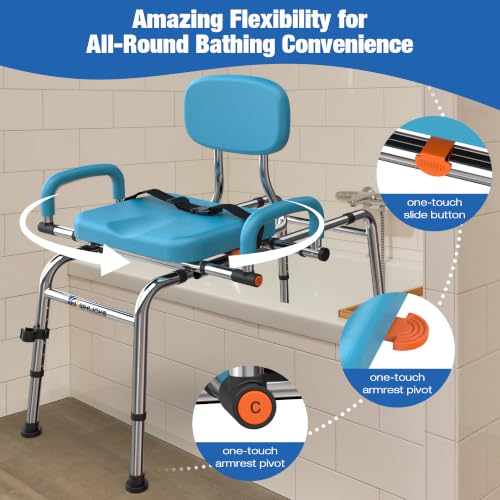450lbs Sliding Shower Chair Tub Transfer Bench with Swivel Seat (Light Blue)