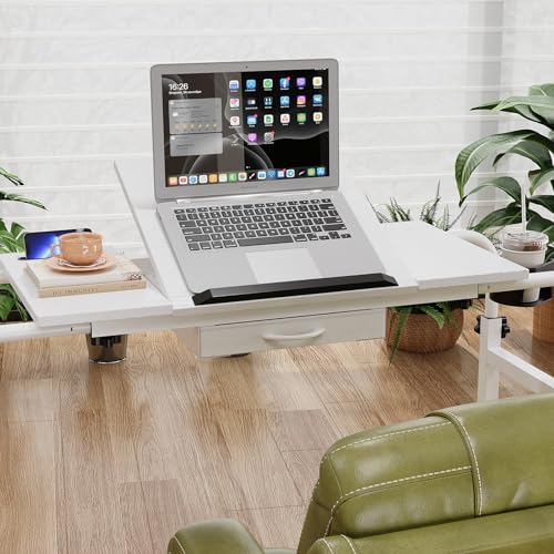 Overbed Table with Wheels Rolling Laptop Desk Cart Table Height and Length Adjustable for Hospital and Home Use Over The Bed Table with Storage Drawer and Cup Holder (White / 31.5 to 47)