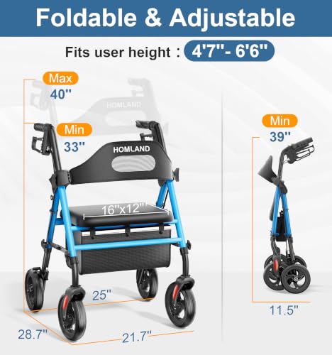 Foldable Rollator Walker for Seniors with Seat (Light Blue)