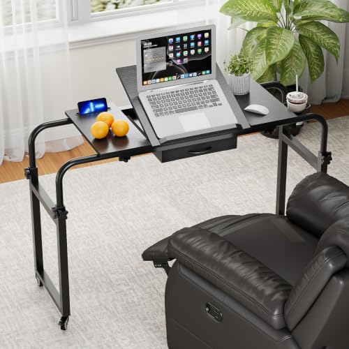 Overbed Table with Wheels Rolling Laptop Desk Cart Over Recliner Wheelchair Table Adjustable for Hospital and Home Use Over The Bed Table with Storage Drawer and Cup Holder (Black / 31.5 to 47)
