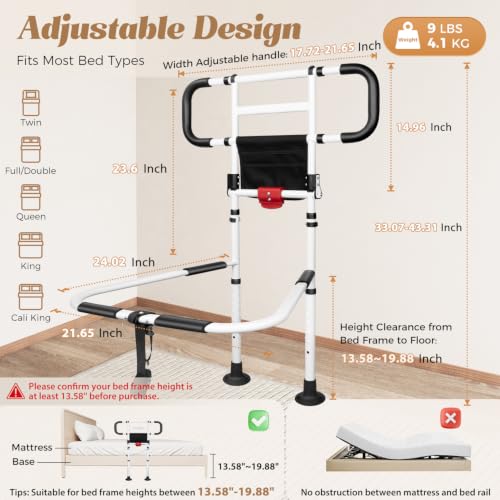 Bed Rails for Elderly Adults Foldable Safety Rail with Light 400LBS (Black White)