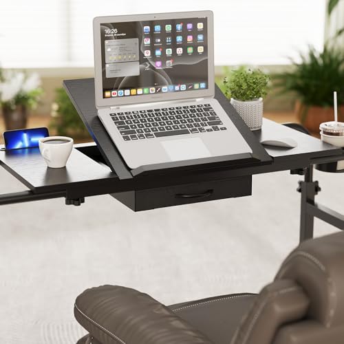 Overbed Table with Wheels Rolling Laptop Desk Cart Over Recliner Wheelchair Table Adjustable for Hospital and Home Use Over The Bed Table with Storage Drawer and Cup Holder (Black / 31.5 to 47)