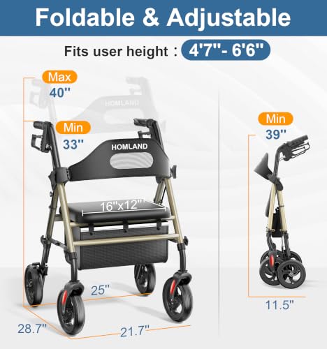 Foldable Rollator Walker for Seniors with Seat (Champagne Gold)