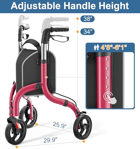 Foldable 3 Wheel Walkers for Seniors (Red)