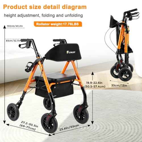 Foldable Rollator Walkers for Seniors with Seat (Orange-all Terrain(8 Inch Wheels))