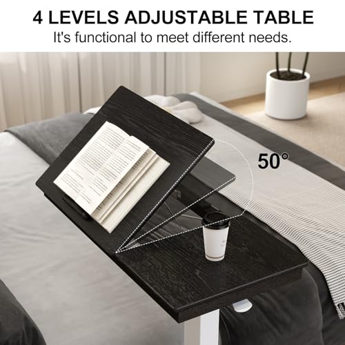 Solid Wood Overbed Bedside Table with Wheels (Black)