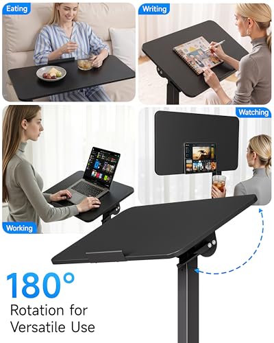 Mobile Standing Desk Laptop Desk Pneumatic with Wheels 180° Tilt Top Hospital Bed Table Portable Rolling Cart Foldable Bedside Table for Hospital&Home Use (Black)
