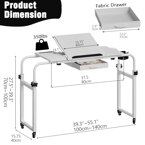 Overbed Table with Wheels Rolling Laptop Desk Cart Table Height and Length Adjustable for Hospital and Home Use Over The Bed Table with Storage Drawer and Cup Holder (White / 31.5 to 47)