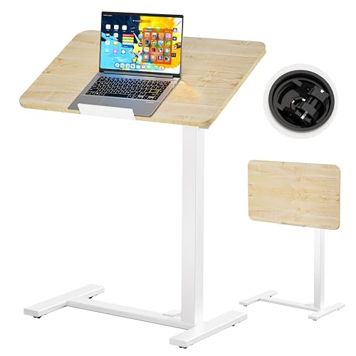 Mobile Standing Desk Laptop Desk Pneumatic with Wheels 180° Tilt Top Hospital Bed Table Portable Rolling Cart Foldable Bedside Table for Hospital&Home Use (Maple)