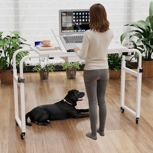 Overbed Table with Wheels Rolling Laptop Desk Cart Table Height and Length Adjustable for Hospital and Home Use Over The Bed Table with Storage Drawer and Cup Holder (White / 31.5 to 47)