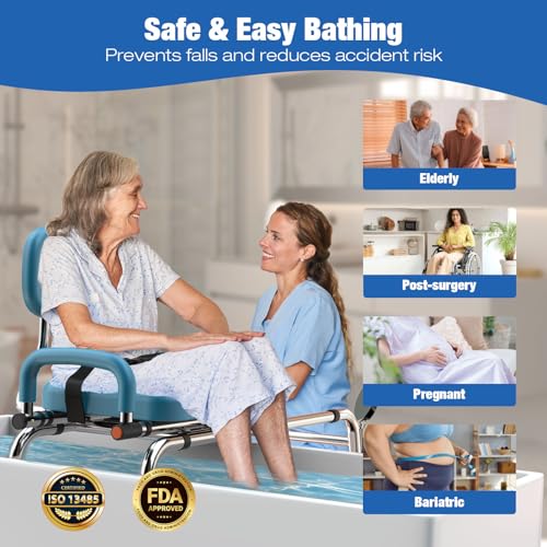 450lbs Sliding Shower Chair Tub Transfer Bench with Swivel Seat (Light Blue)